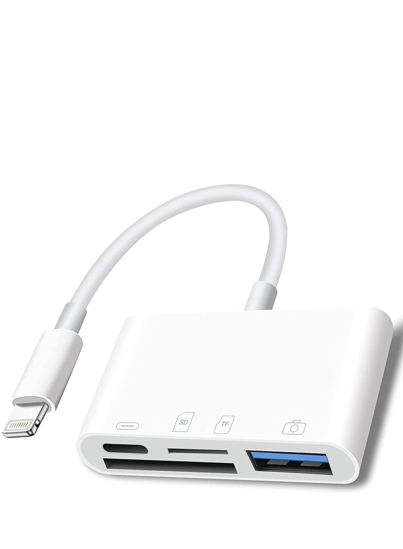 قارئ بطاقات SD لايتنينج للآيفون (4 في 1) - محول كاميرا ومحول USB OTG، قارئ بطاقات ذاكرة SD/TF محمول وعالي السرعة - توافق واسع مع آيفون وآيباد - الحل الأمثل لنقل الصور والفيديوهات والملفات بسهولة فائقة.