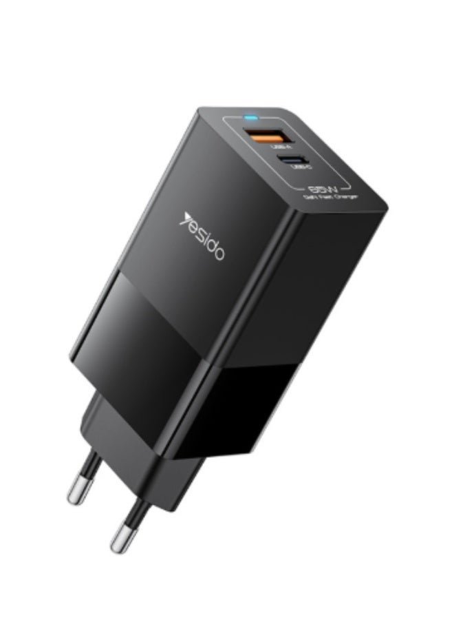 شاحن YC73 ثنائي المنافذ للشحن السريع بقدرة 65 واط، مزود بمنفذي USB و Type-C، مقاوم للحريق، بتقنية GaN، ومواصفات أوروبية.