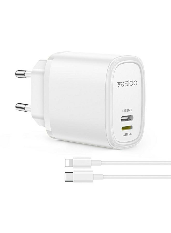 شاحن مزدوج المنفذ YC71 USB-C+USB-L شاحن حائط سريع الشحن 12 وات - قابس أوروبي
