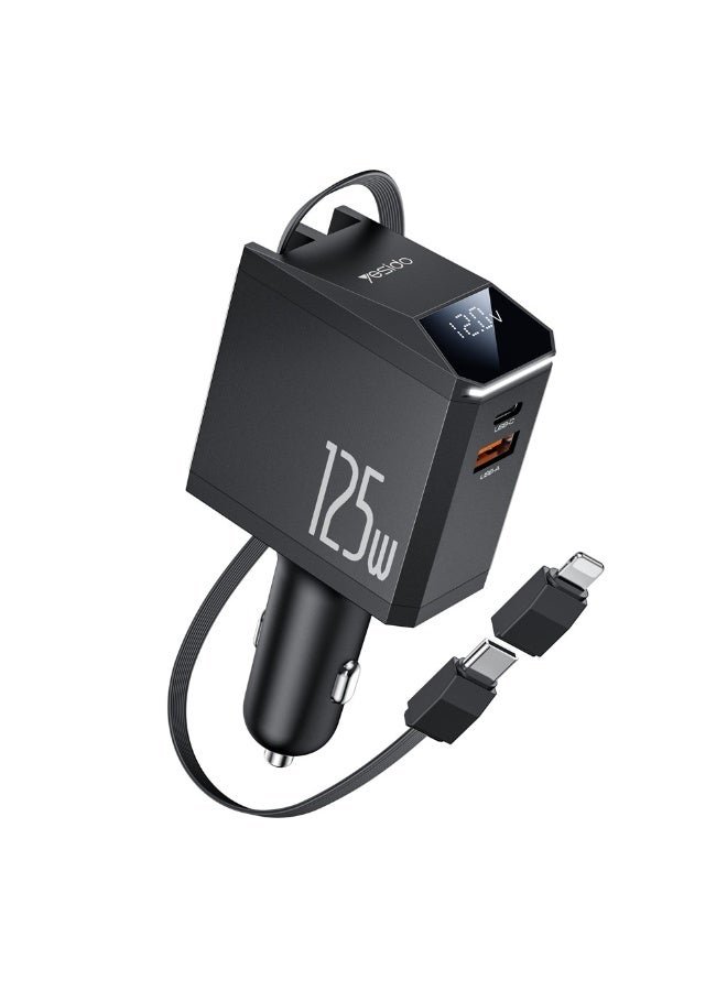 شاحن سيارة YESIDO Y71 فائق السرعة 125 واط مع كابل قابل للسحب، شاحن متعدد المنافذ USB A و Type-C وشحن سريع للايفون والأندرويد