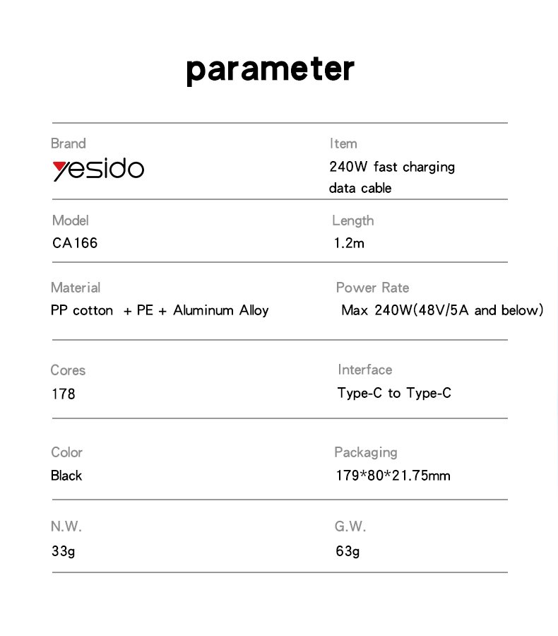CA166 1.2M 240W شحن سريع Type-C to Type-C مع 480Mbps Transfer Speed كابل بيانات