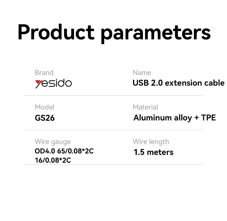 GS26 1.5M كابل مضفر سبيكة ألومنيوم High-speed Transmission USB 2.0 Extension كابل