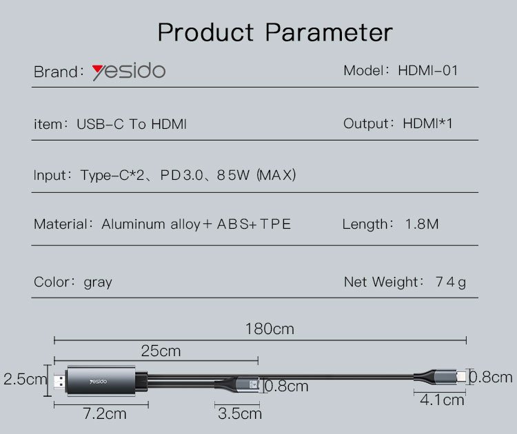 HM01 Professional 4K 60HZ Type-C to HDMI Audio Video & PD شحن سريع Audio كابل