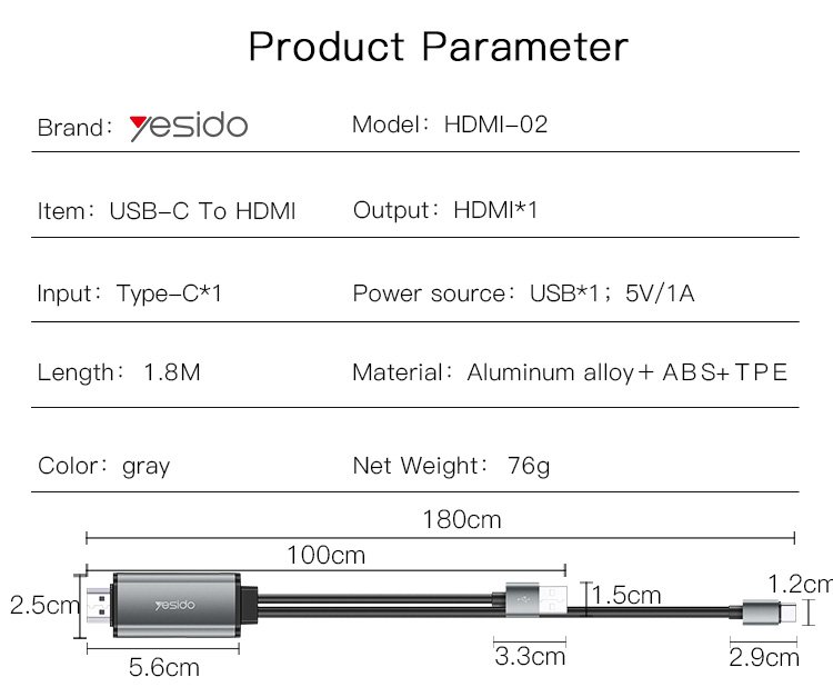 HM02 USB شحن 1080p 4K 60HZ Type-C To HDMI Video كابل Adapter