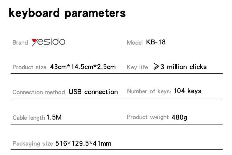 KB18 104 Full Keys Compactlayout 1.5M Length كابل USB connection سلكي Keyboard و Mouse Set