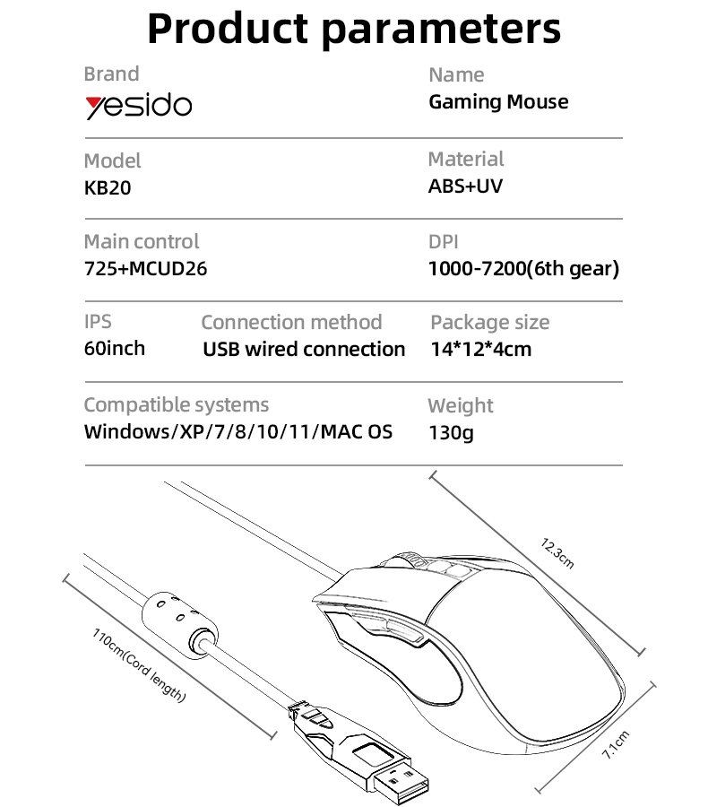 KB20 Max 7200DIP 110CM Length USB سلكي Connection RGB Colorful Breathing Light ألعاب Mouse