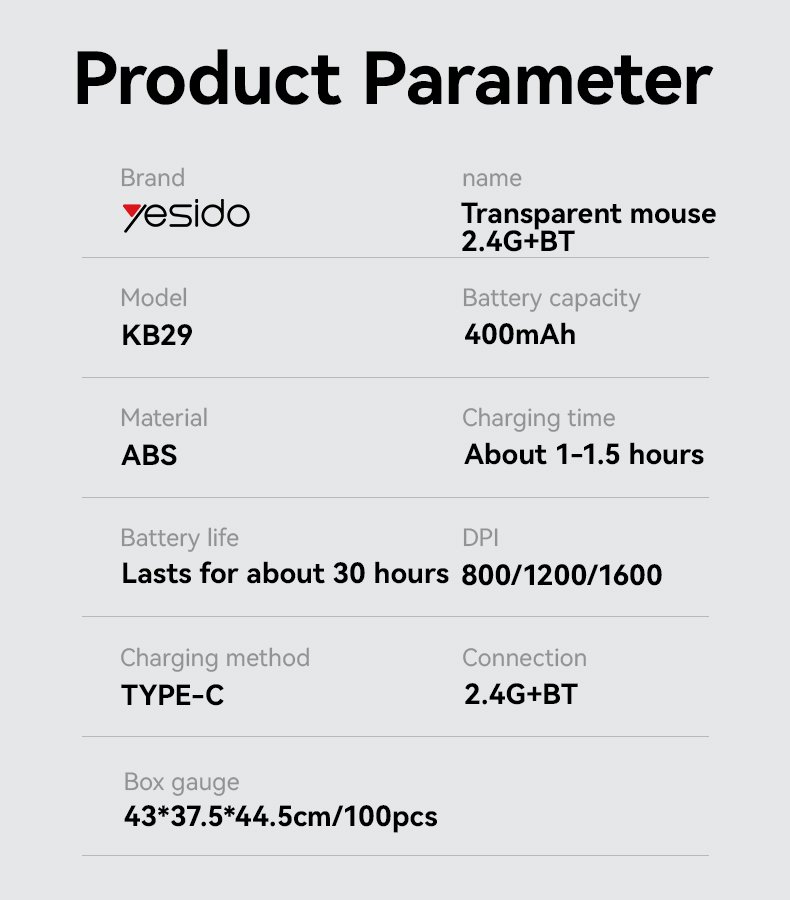 KB29 Mute Button مزدوج-mode Connection Ergonomic Design Crystal شفاف 2.4G+BT لاسلكي Mouse