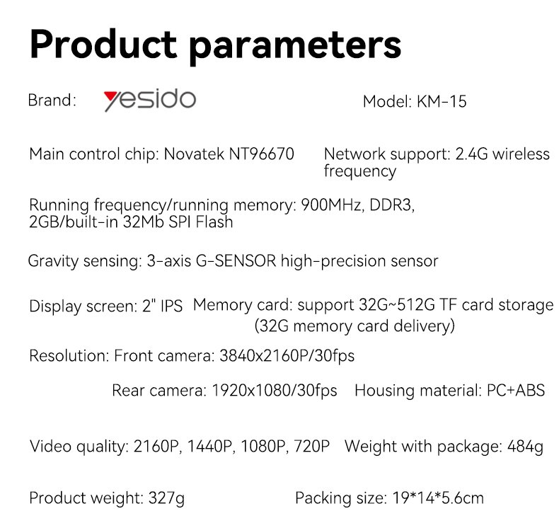 KM15 Yesido 4K Big Display Front Rear مزدوج Recording Vibration Triggers Recording Driving Recorder