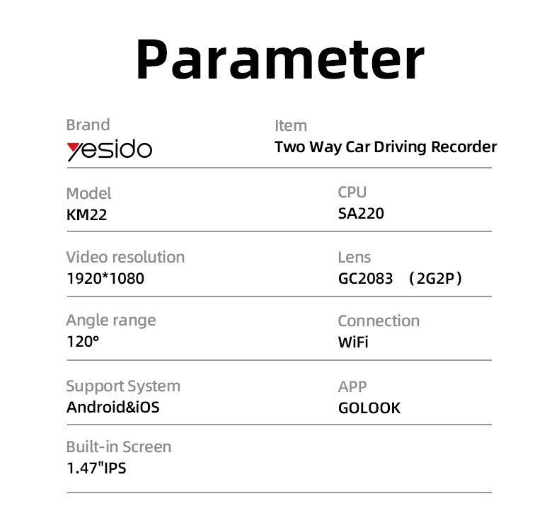 KM22 1920*1080P Big Display Resolution مع 120 Degree Angle Range Two Way سيارة Driving Recorder