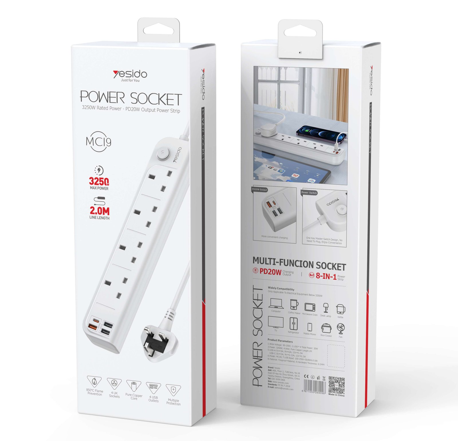 MC19 2M Max 3250W capacity 4 ports UK Stوard Power Socket مع PD و QC شحن سريع USB ports