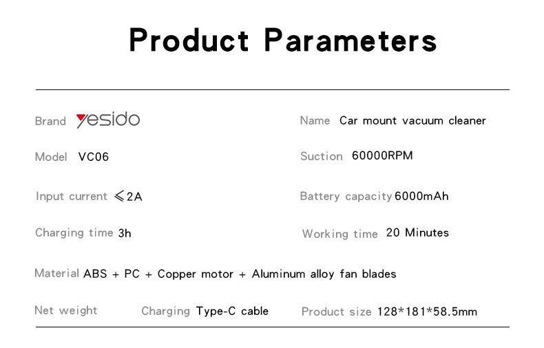 VC06 Low Power Consumption يدعم Inhale و Blow Hوheld Design حامل سيارة Vacuum Cleaner