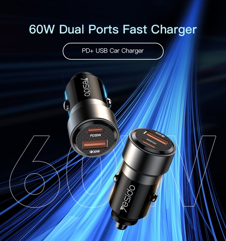 Y54 60W شحن سريع شاحن سيارة | مع TC to IP كابل سيارة cigarette lighting port شاحن adapter