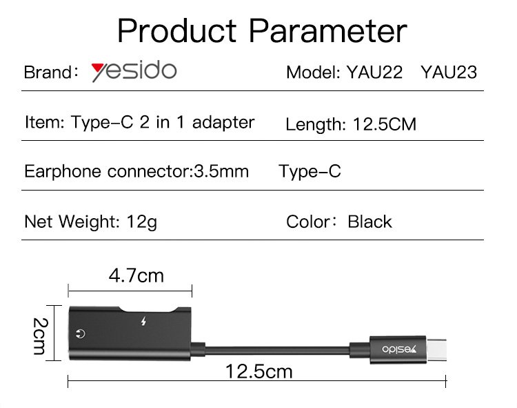 YAU22 سبيكة ألومنيوم 2 in 1 Type-C To Type-C و 3.5mm Audio Splitter Adapter