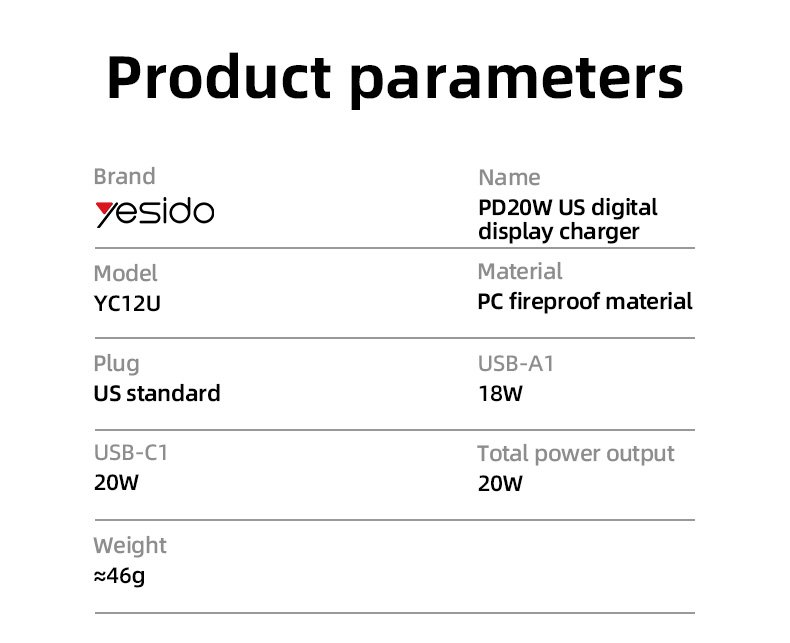 YC12U USB-A & USB-C مزدوج-port PD 20W شحن سريع US Digital Display شاحن