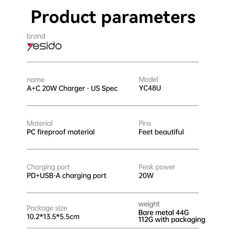 YC48U Multiple Protection PD20W + QC18W USB-C & USB منفذين شحن سريع US Spec شاحن