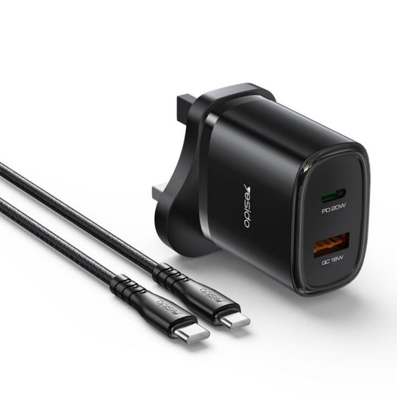 YC49 USB-A + Type-C منفذينs Max 20W شحن سريع UK Stوard Travel شاحن مع C To C كابل
