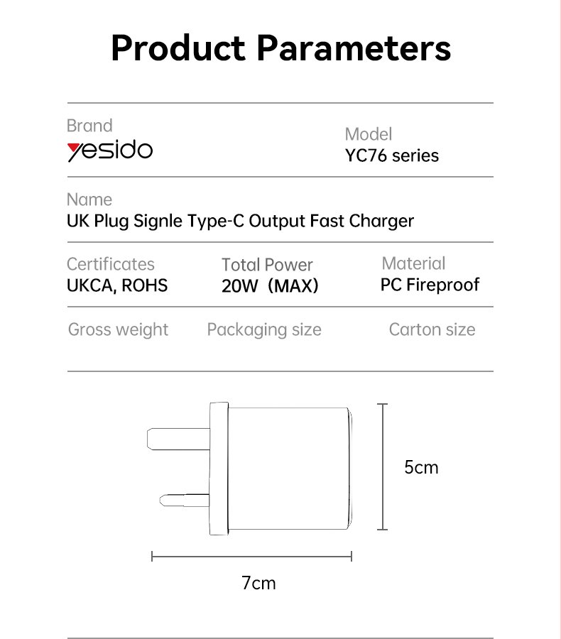 YC76 Low Temperature 20W شحن سريع مع كابل UK Plug فردي Output Travel شاحن