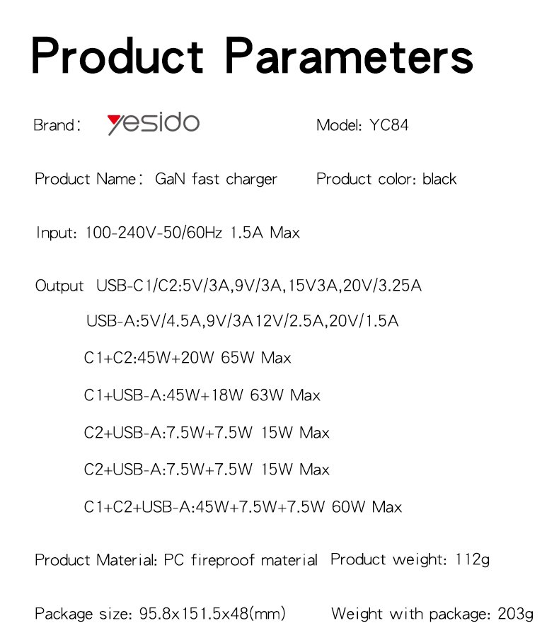 YC84 Low Temperatures 65W شحن سريع 2 USB-C & USB-A 3 منافذ UK GaN Fast شاحن