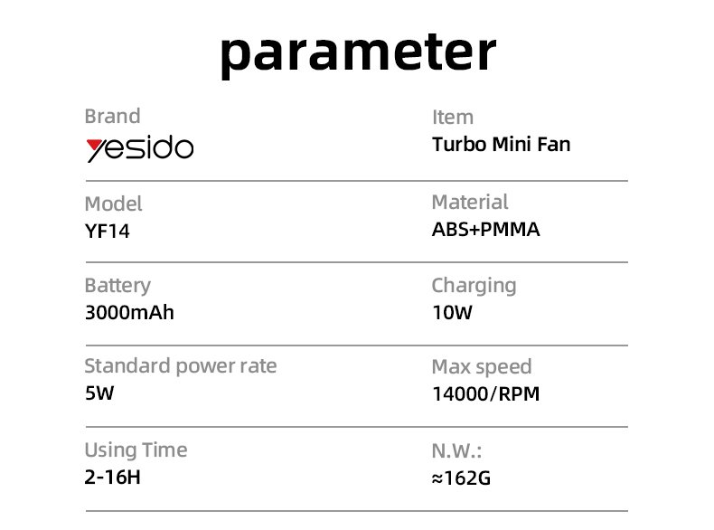 YF14 LED Power Display Powerful مع 3000mAh بطارية 5 Stages Of Speed Turbo Mini Fan