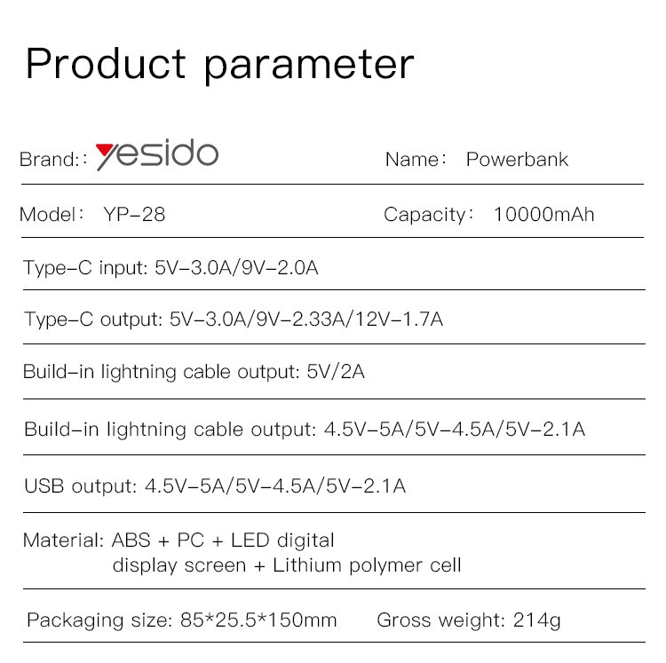 YP28 10000mAh باور بانك | مزدوج USB QC3.0 18W Port PD Type-C 22.5W Port باور بانك