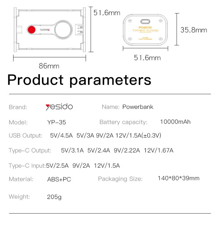 YP35 High Quality شفاف Shell LED Display PD 22.5w 10000mAh باور بانك | 10000mah باور بانك