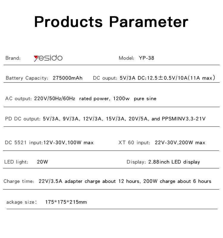 YP38 High Quality محمول Solar Power Station 1200W Pure Ternary Power Cell لـ Home Camping