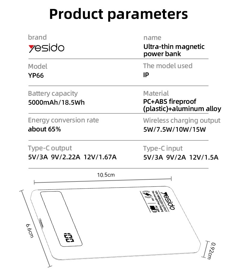 YP66 5000mAh 15W شحن لاسلكي سريع Digital Display Power سبيكة ألومنيوم مغناطيسي باور بانك