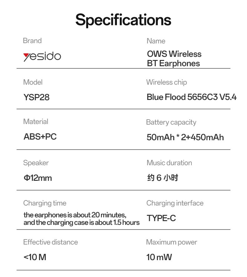 YSP28 BT5.4 ENC عزل الضوضاء بطارية طويلة تصميم مفتوح Hifi جودة صوت OWS سماعة رأس لاسلكية