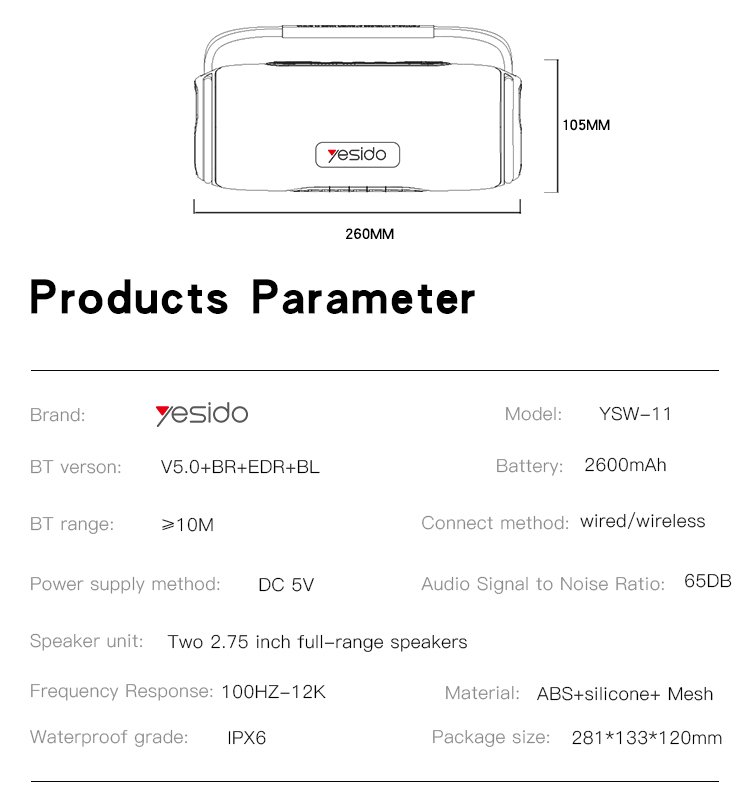 YSW11 لاسلكي سماعة خارجية|محمول Stereo Sound bt سماعة خارجية|IPX6 مقاوم للماء AUX/USB/TF سيارةd سماعة خارجية
