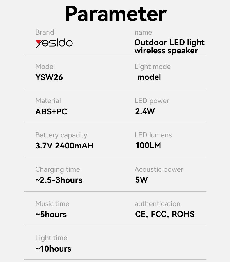 YSW26 BT Connection 11 Kinds Of Light مع 2400mAh بطارية كبيرة Outdoor إضاءة LED لاسلكي سماعة خارجية