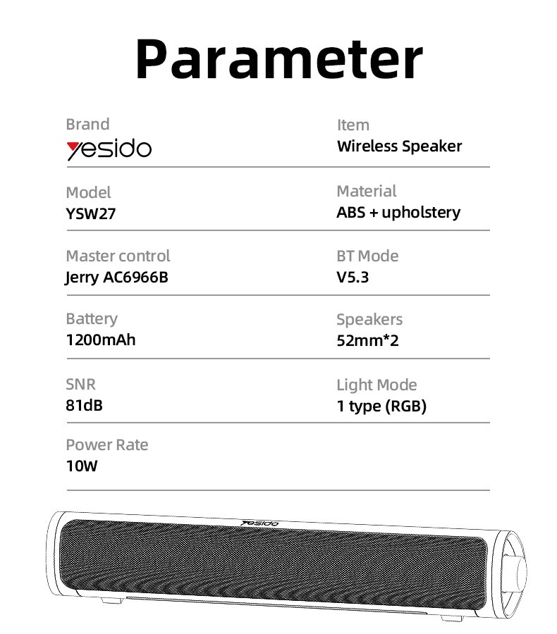 YSW27 10W 1200mAh بطارية كبيرة يدعم BT5.3 و Audio كابل مع RGB Light لاسلكي سماعة خارجية